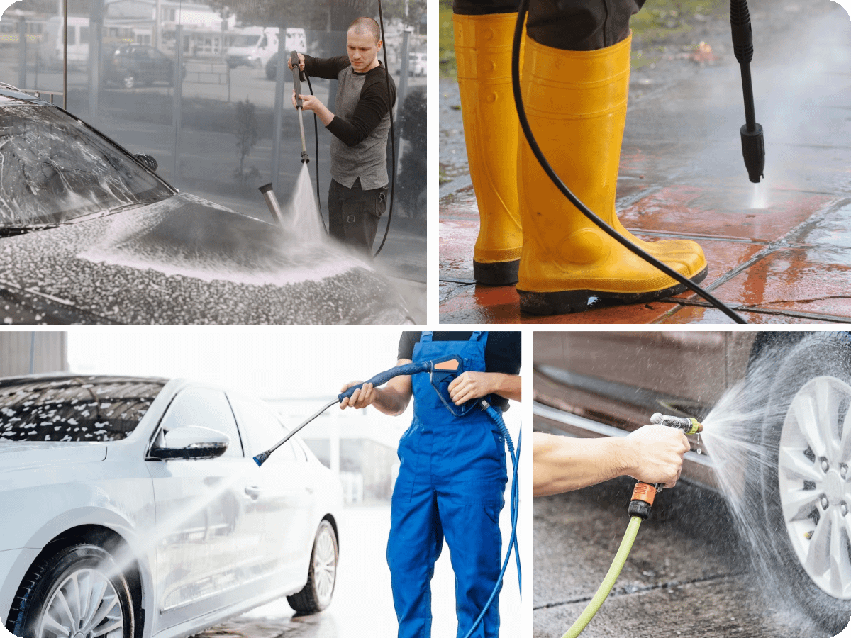 Commercial pressure washing equipment in use on vehicles and industrial surfaces