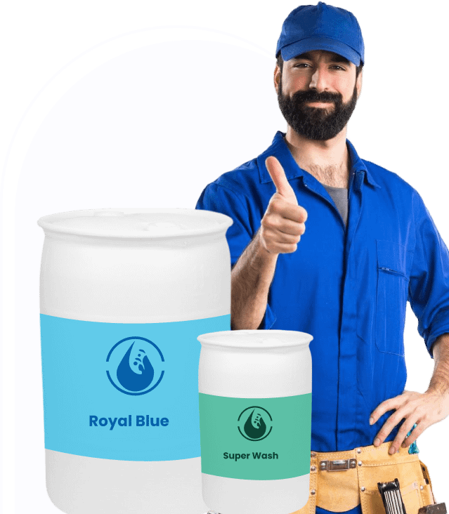 Sun Pro Supply technician with commercial cleaning chemical containers